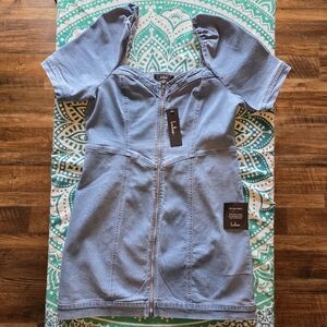 Lulus Trending Vibe Medium Wash Zip-Front Denim Dress Size: XL